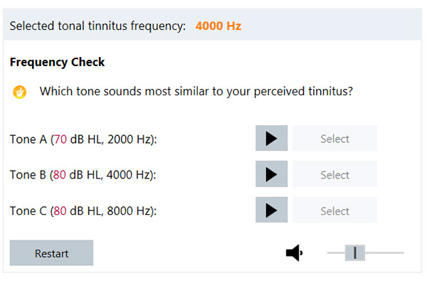 Med frekvenskontrollen ved afslutningen af justeringsprocessen kan du sikre, at den korrekte tinnitusfrekvens er valgt.